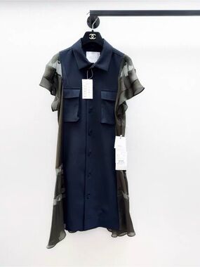 Sacai Navy Dress with Olive Sheer Panels